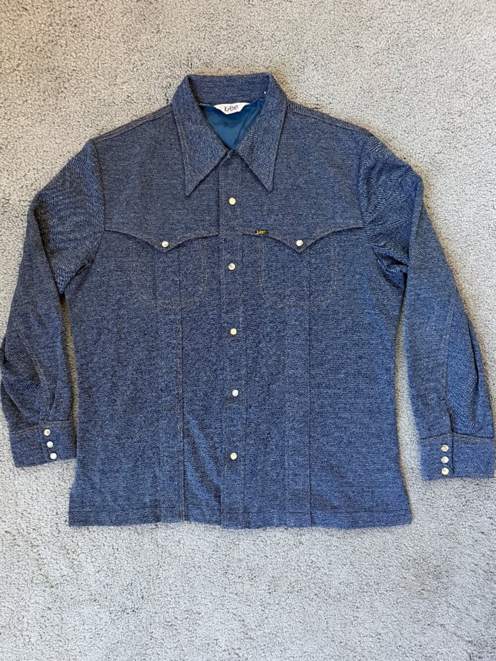Vintage 70s Lee Western Shirt Jacket Polyester Knit Pearl Snap Blue XLL USA -EUC